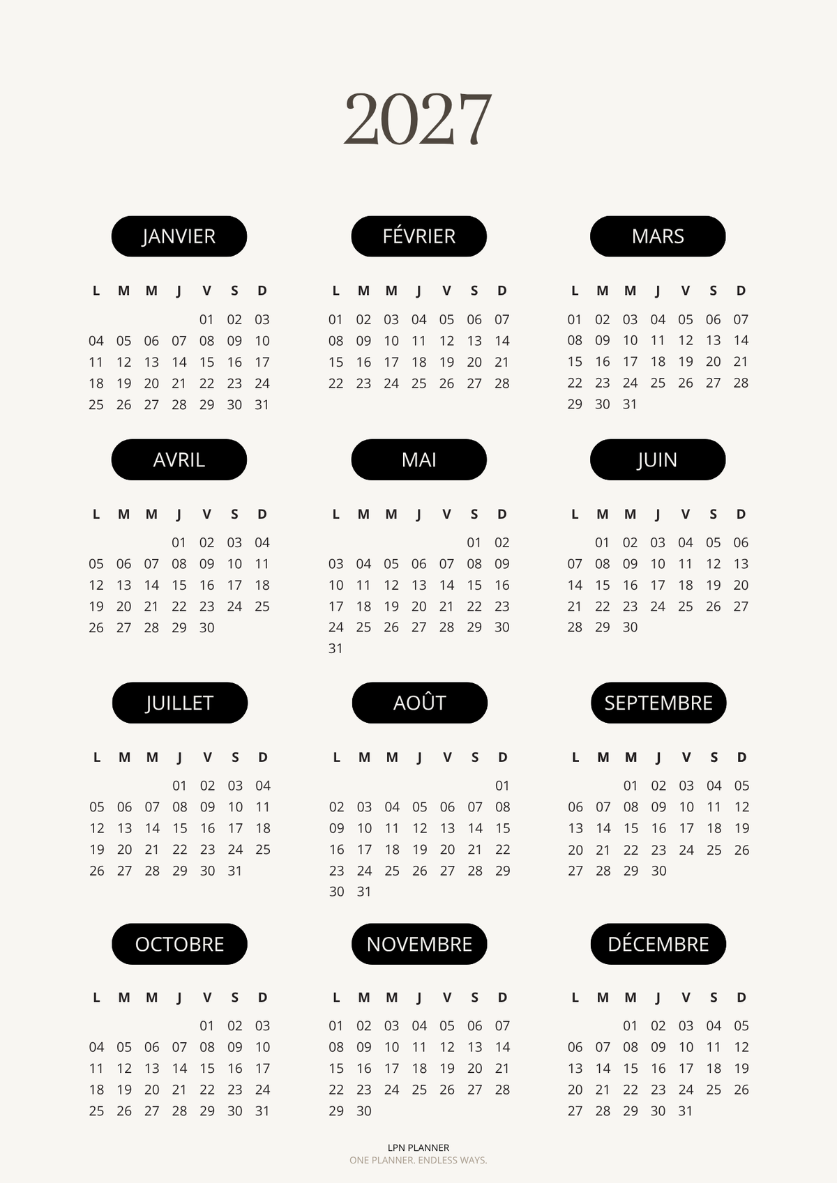 Calendrier Annuel 2027 – Minimaliste | A4 & A5