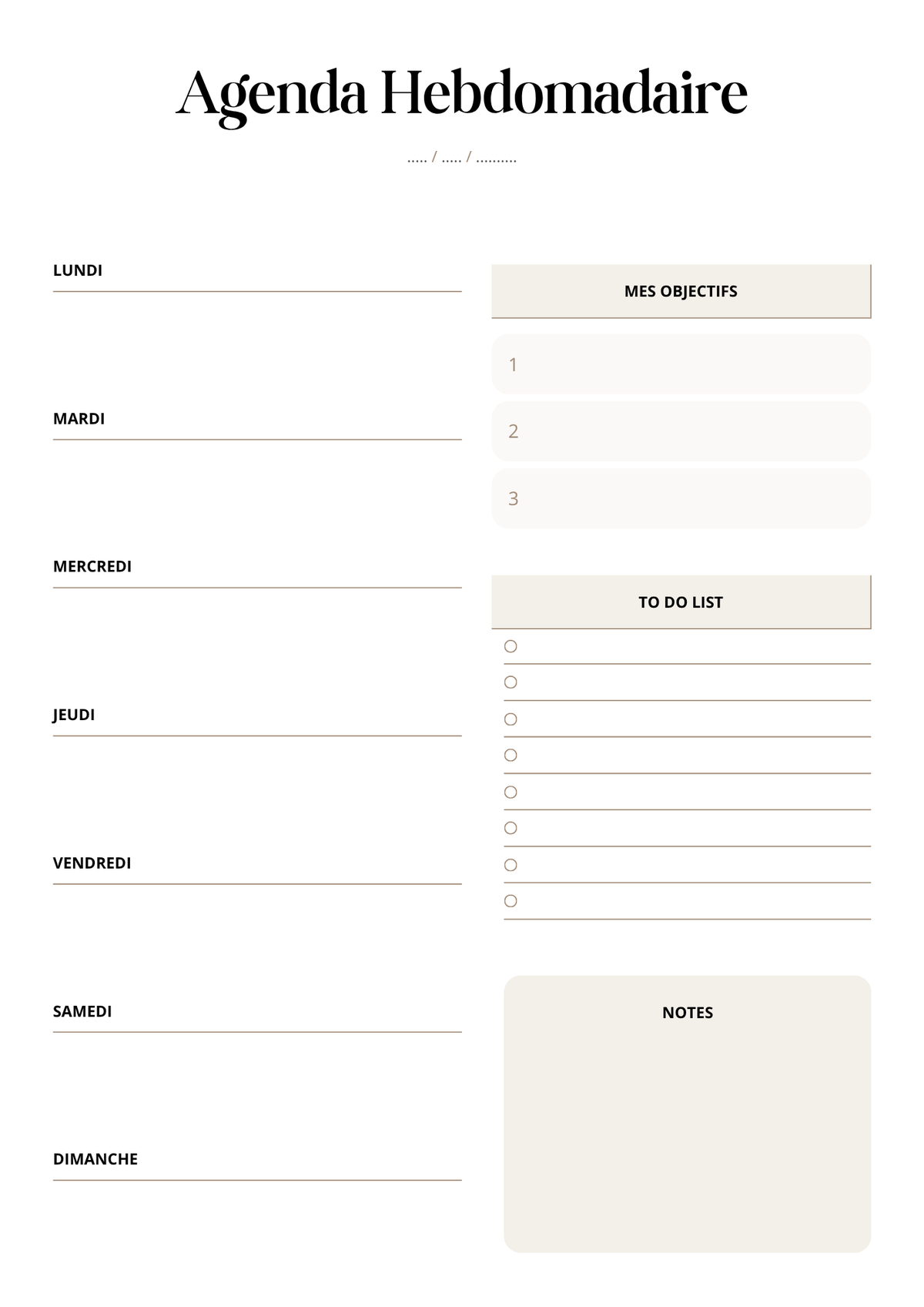 Agenda Hebdomadaire – Objectifs & To Do List | A4 & A5 – Non Daté