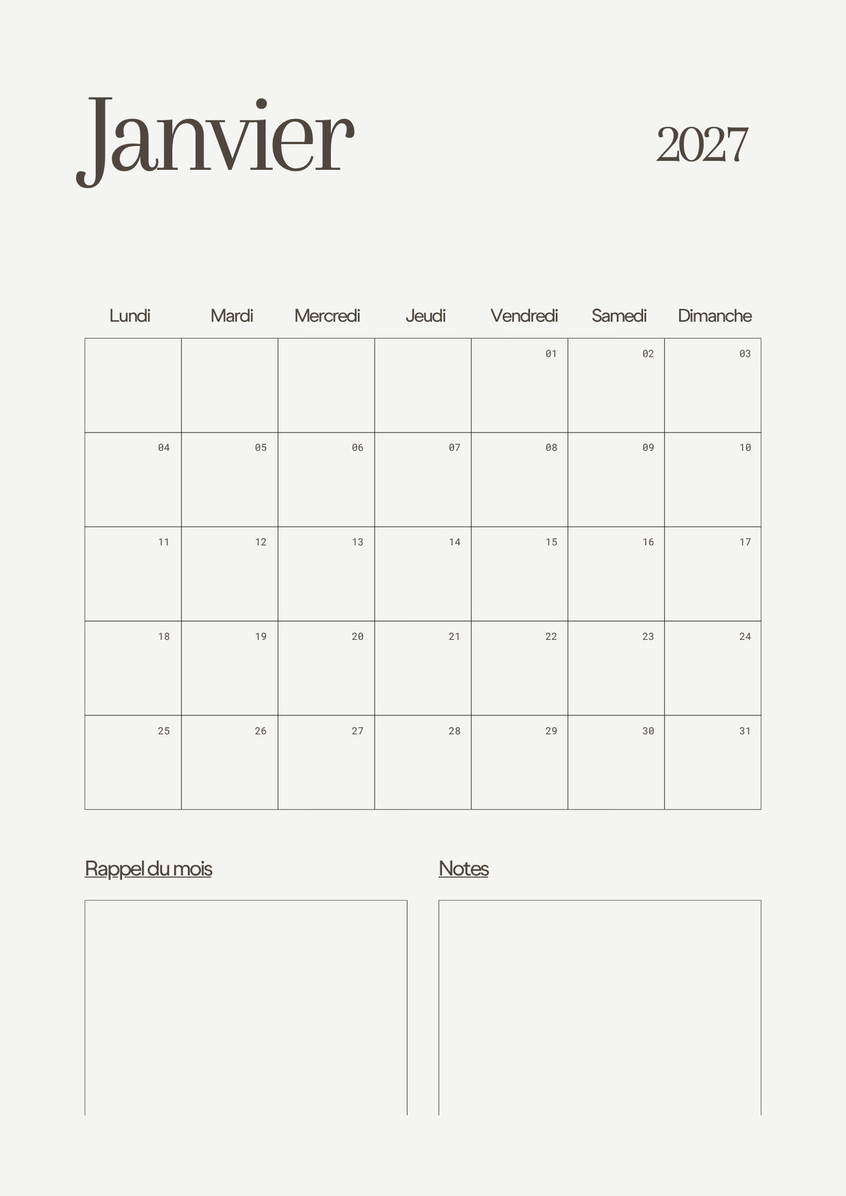 Calendrier Mensuel 2027 – Planning & Notes | A4 & A5