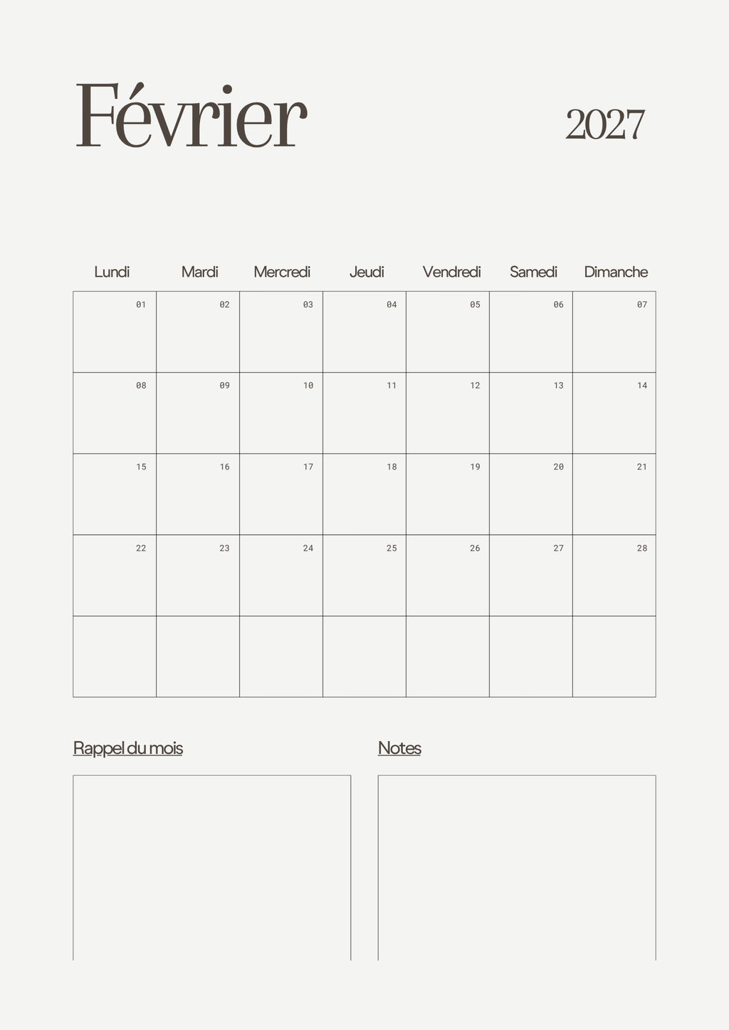 Calendrier Mensuel 2027 – Planning & Notes | A4 & A5
