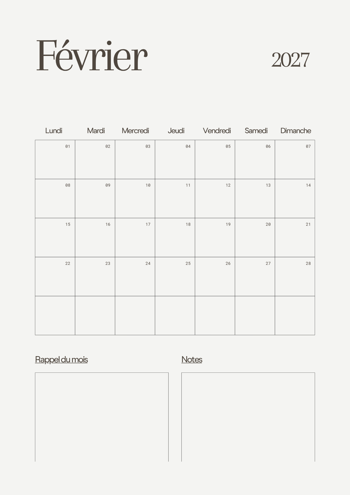 Calendrier Mensuel 2027 – Planning & Notes | A4 & A5