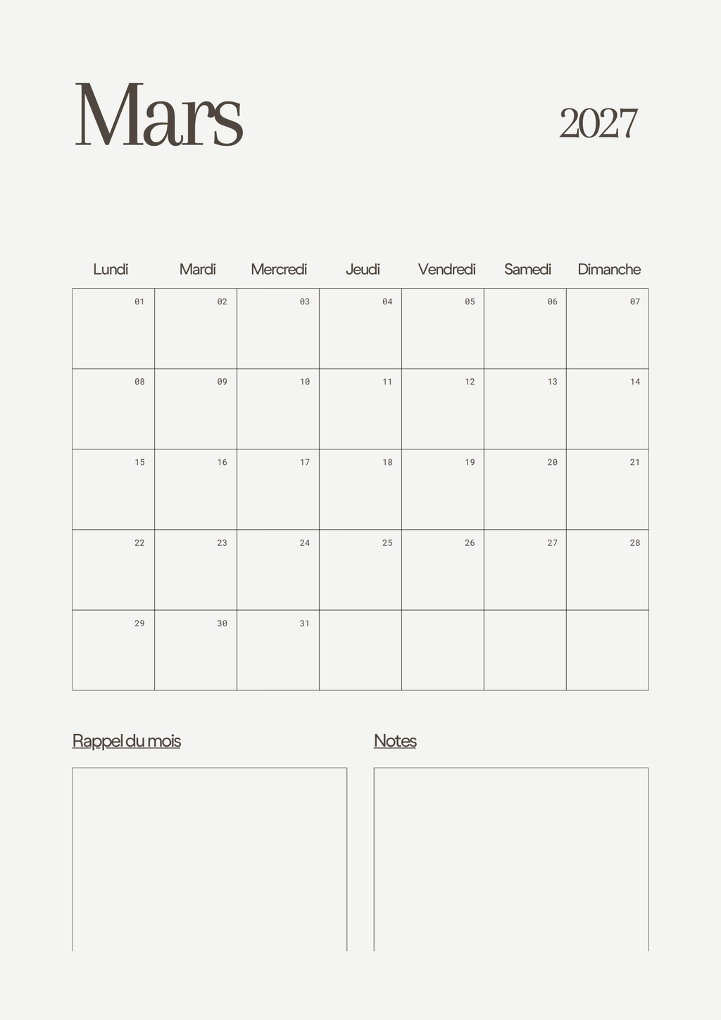Calendrier Mensuel 2027 – Planning & Notes | A4 & A5