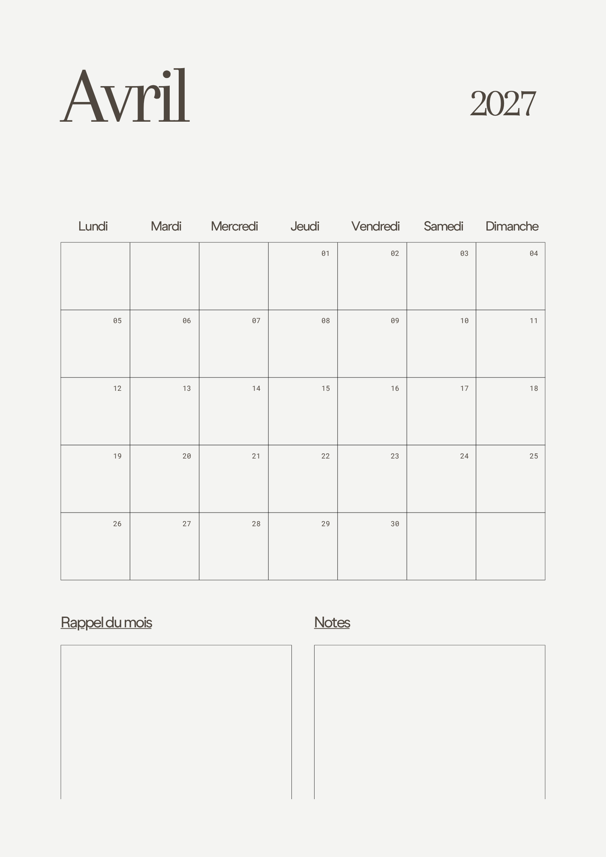 Calendrier Mensuel 2027 – Planning & Notes | A4 & A5