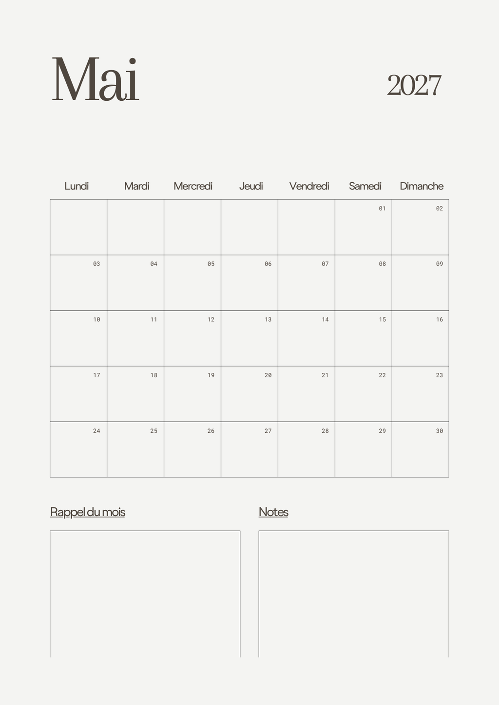 Calendrier Mensuel 2027 – Planning & Notes | A4 & A5