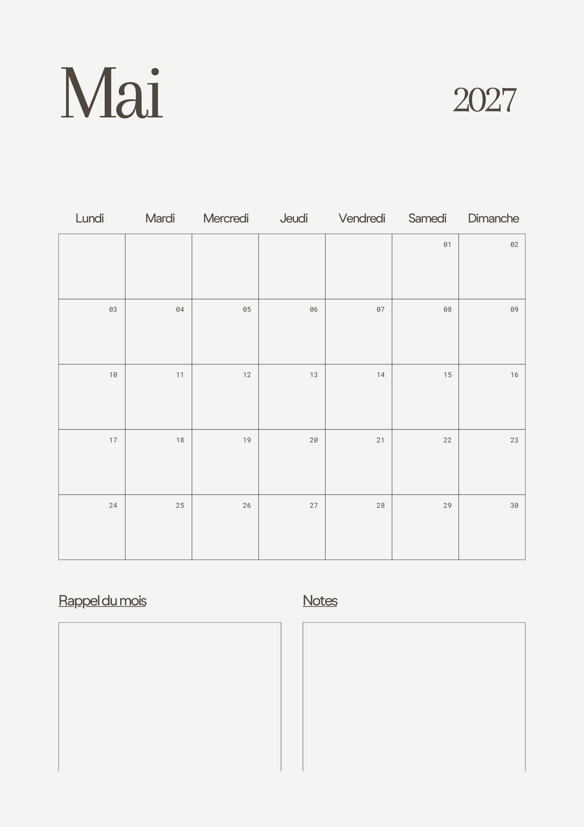 Calendrier Mensuel 2027 – Planning & Notes | A4 & A5
