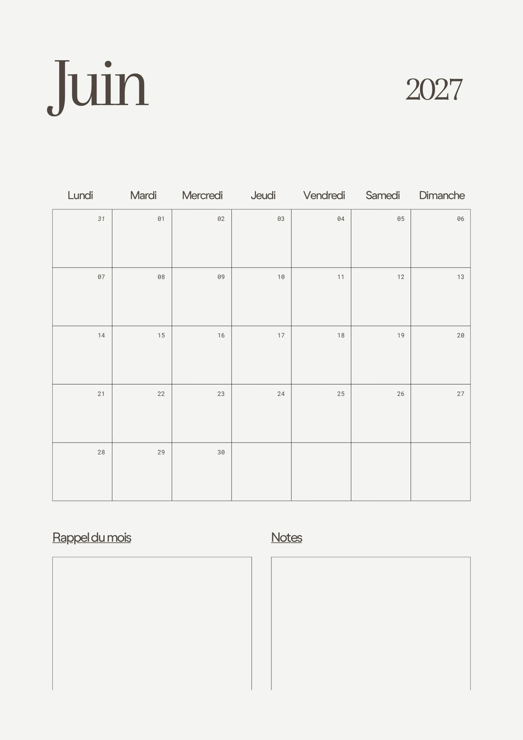 Calendrier Mensuel 2027 – Planning & Notes | A4 & A5