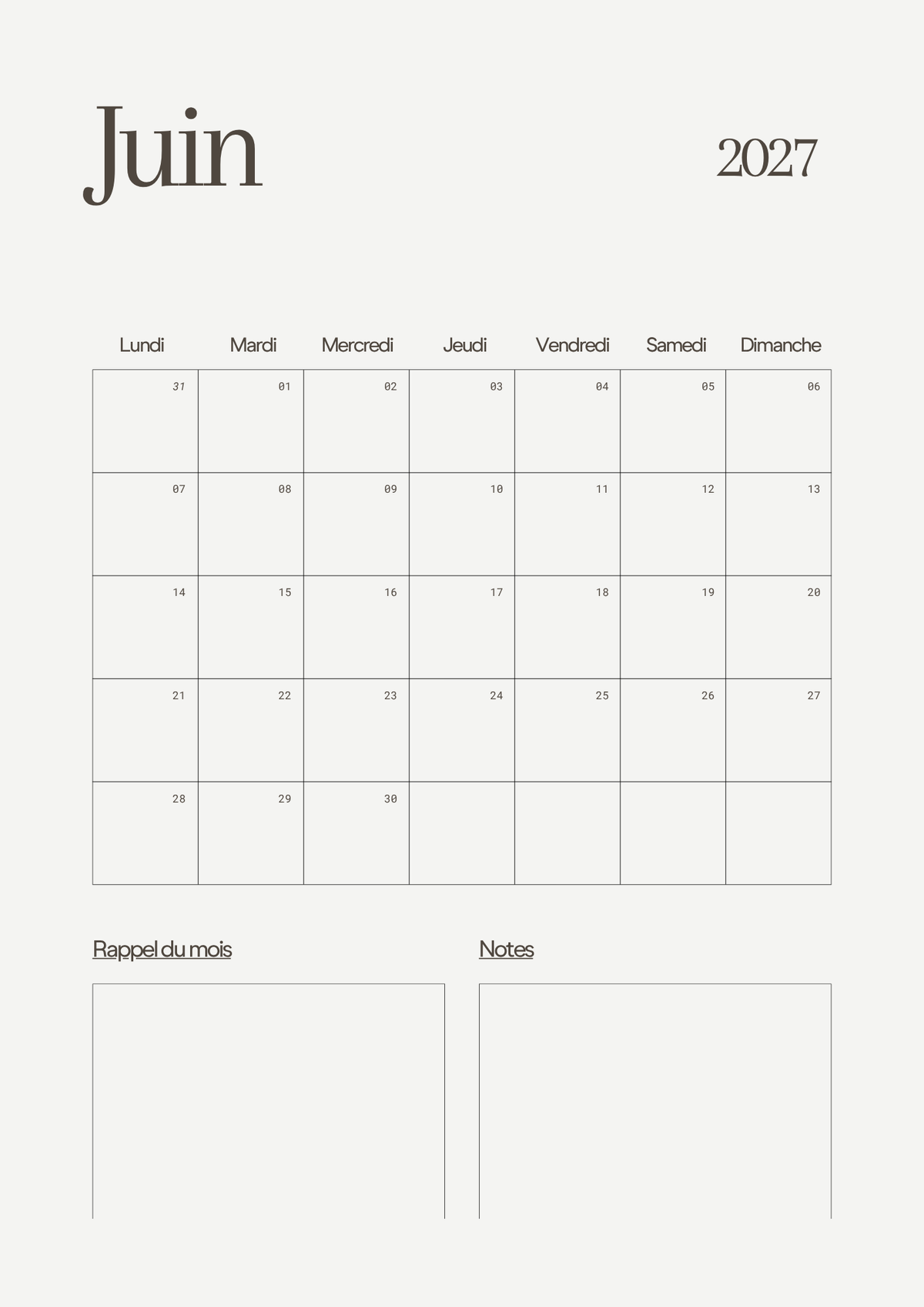 Calendrier Mensuel 2027 – Planning & Notes | A4 & A5