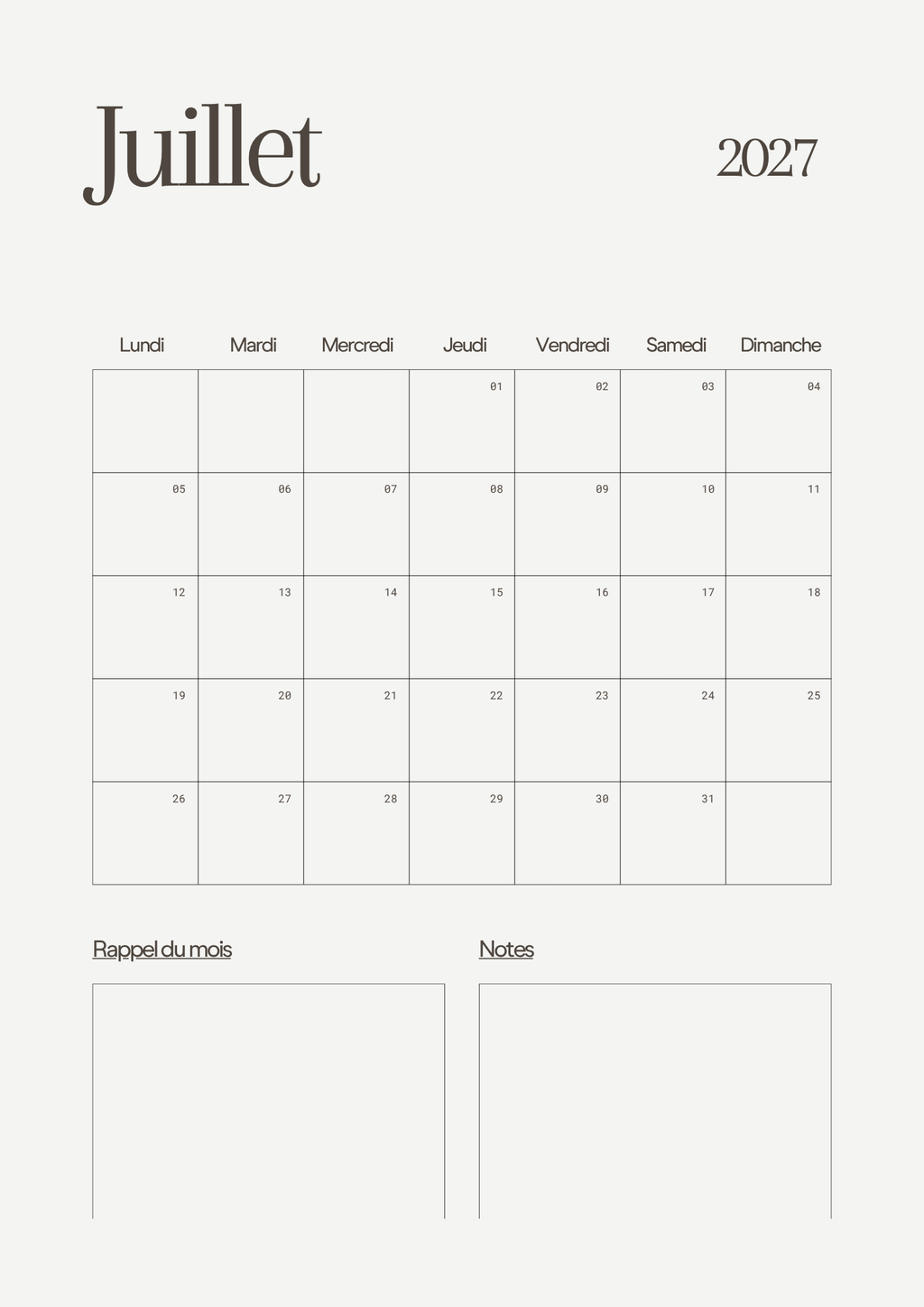 Calendrier Mensuel 2027 – Planning & Notes | A4 & A5