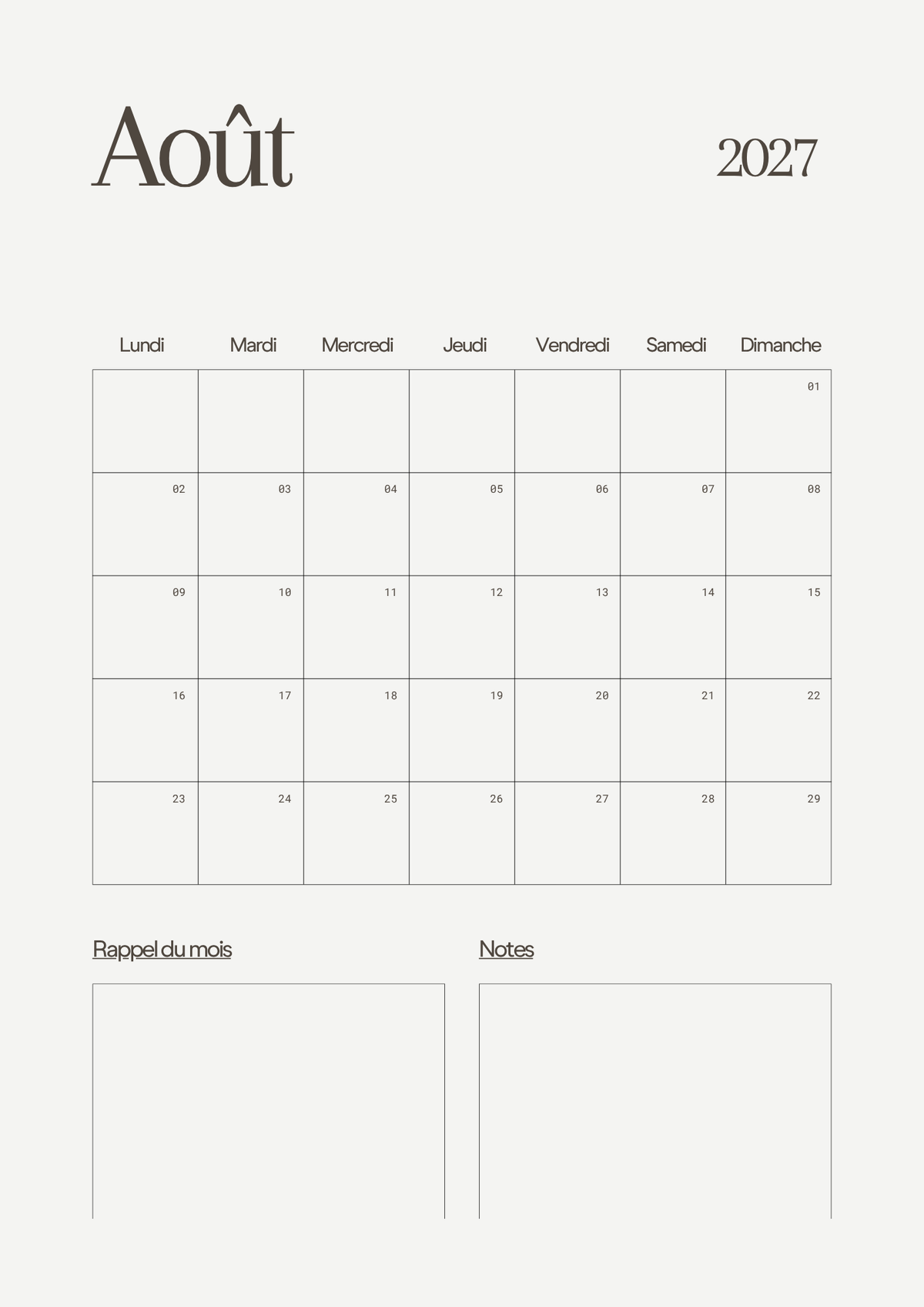 Calendrier Mensuel 2027 – Planning & Notes | A4 & A5