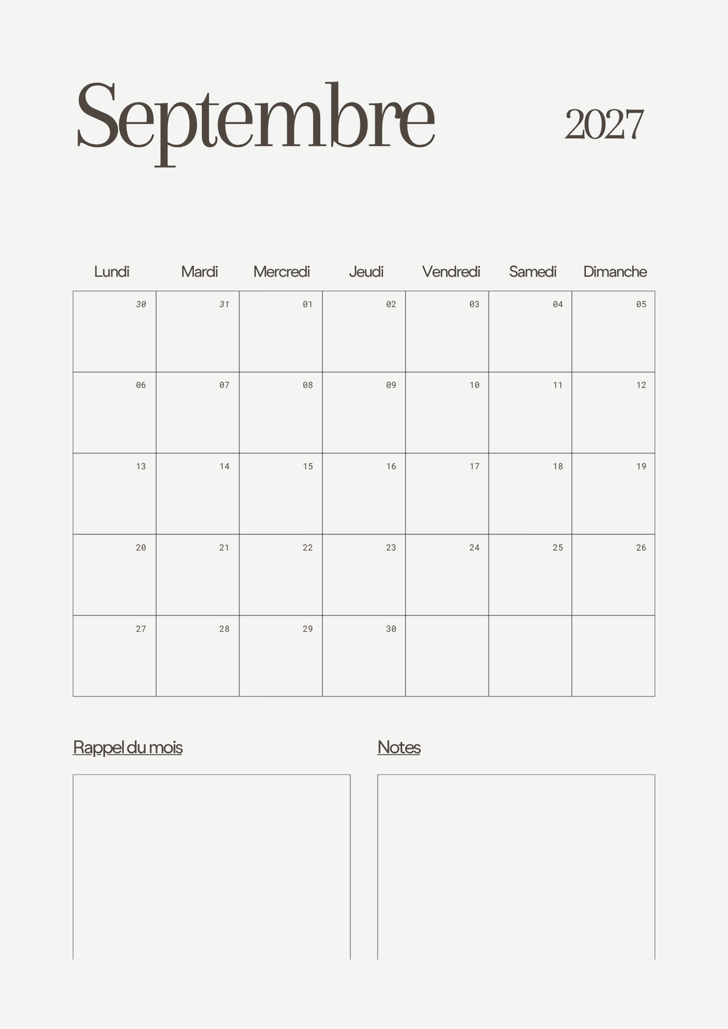 Calendrier Mensuel 2027 – Planning & Notes | A4 & A5