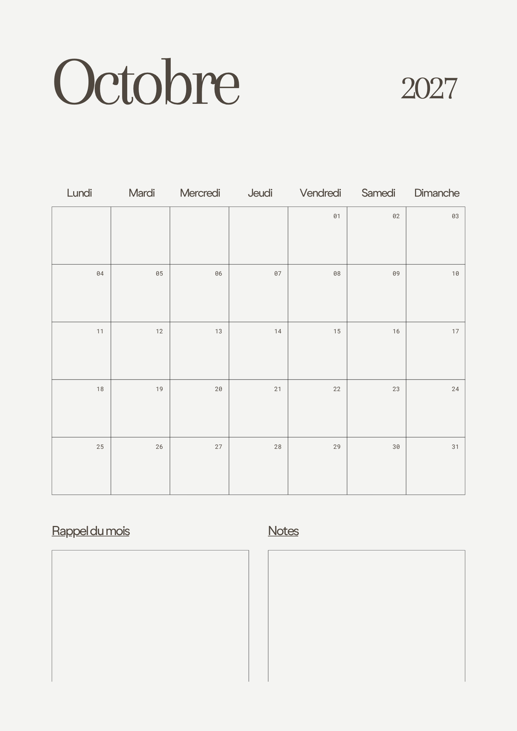 Calendrier Mensuel 2027 – Planning & Notes | A4 & A5