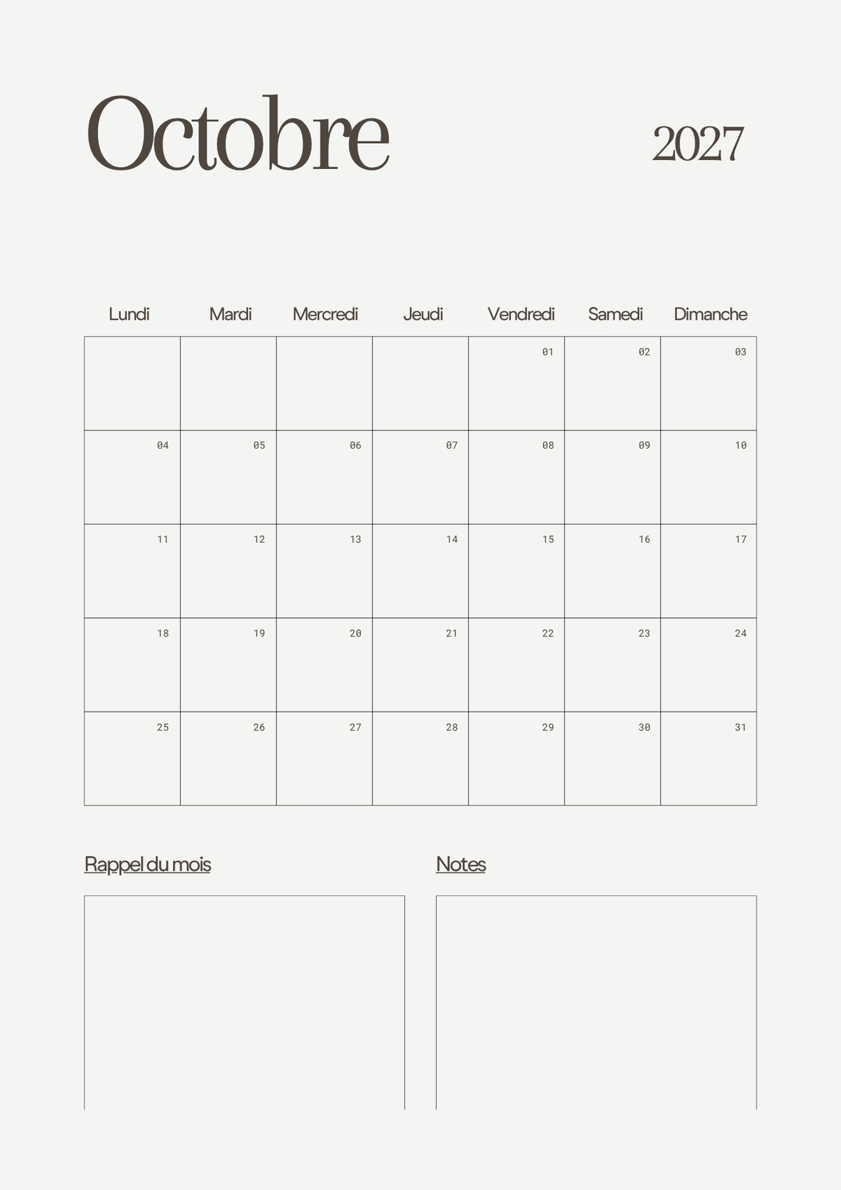 Calendrier Mensuel 2027 – Planning & Notes | A4 & A5