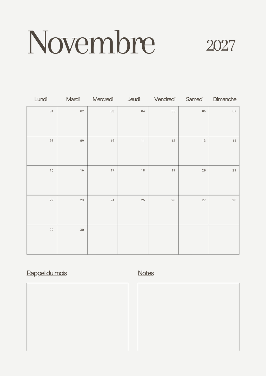 Calendrier Mensuel 2027 – Planning & Notes | A4 & A5