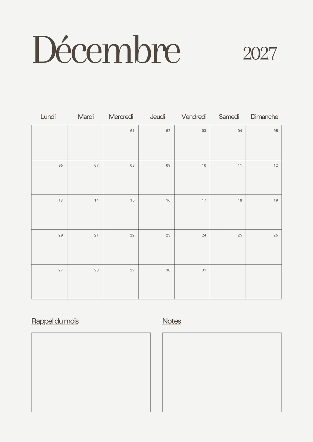 Calendrier Mensuel 2027 – Planning & Notes | A4 & A5