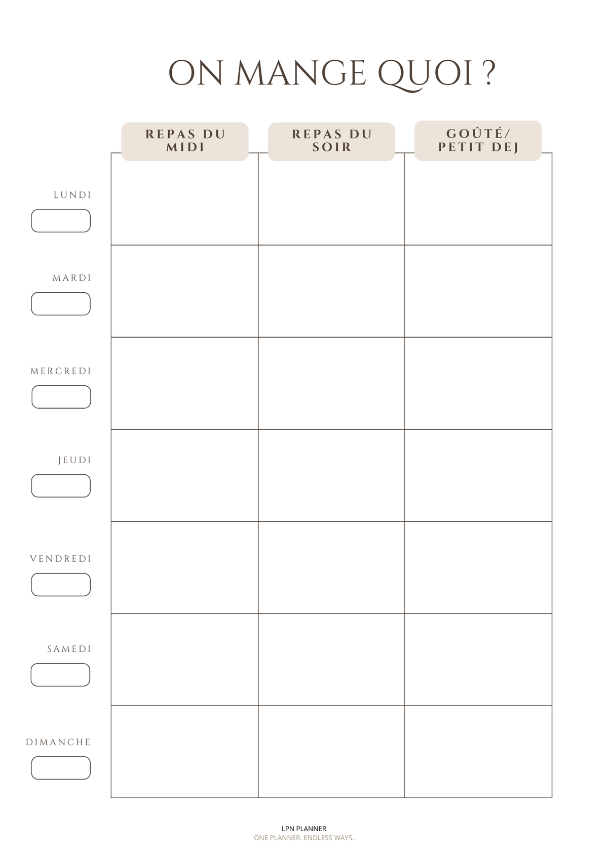 Planning Repas de la Semaine – Menu Hebdomadaire | A4 & A5 – Non Daté