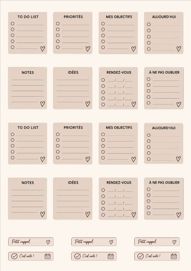 Planche de Stickers A5 – Listes & Notes | Finition Mate à Écrire